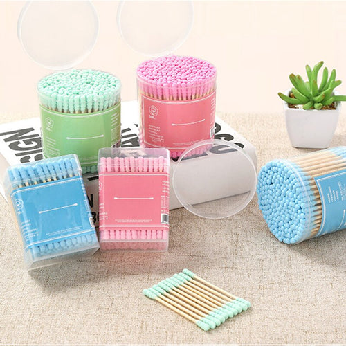 200pcs/Lot Bamboo Handle Stick Cotton Swabs Candy Color Thread Dual-head Cotton Swabs Stick Makeup Tools Personal Hygiene Care