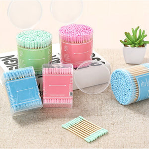 200pcs/Lot Bamboo Handle Stick Cotton Swabs Candy Color Thread Dual-head Cotton Swabs Stick Makeup Tools Personal Hygiene Care